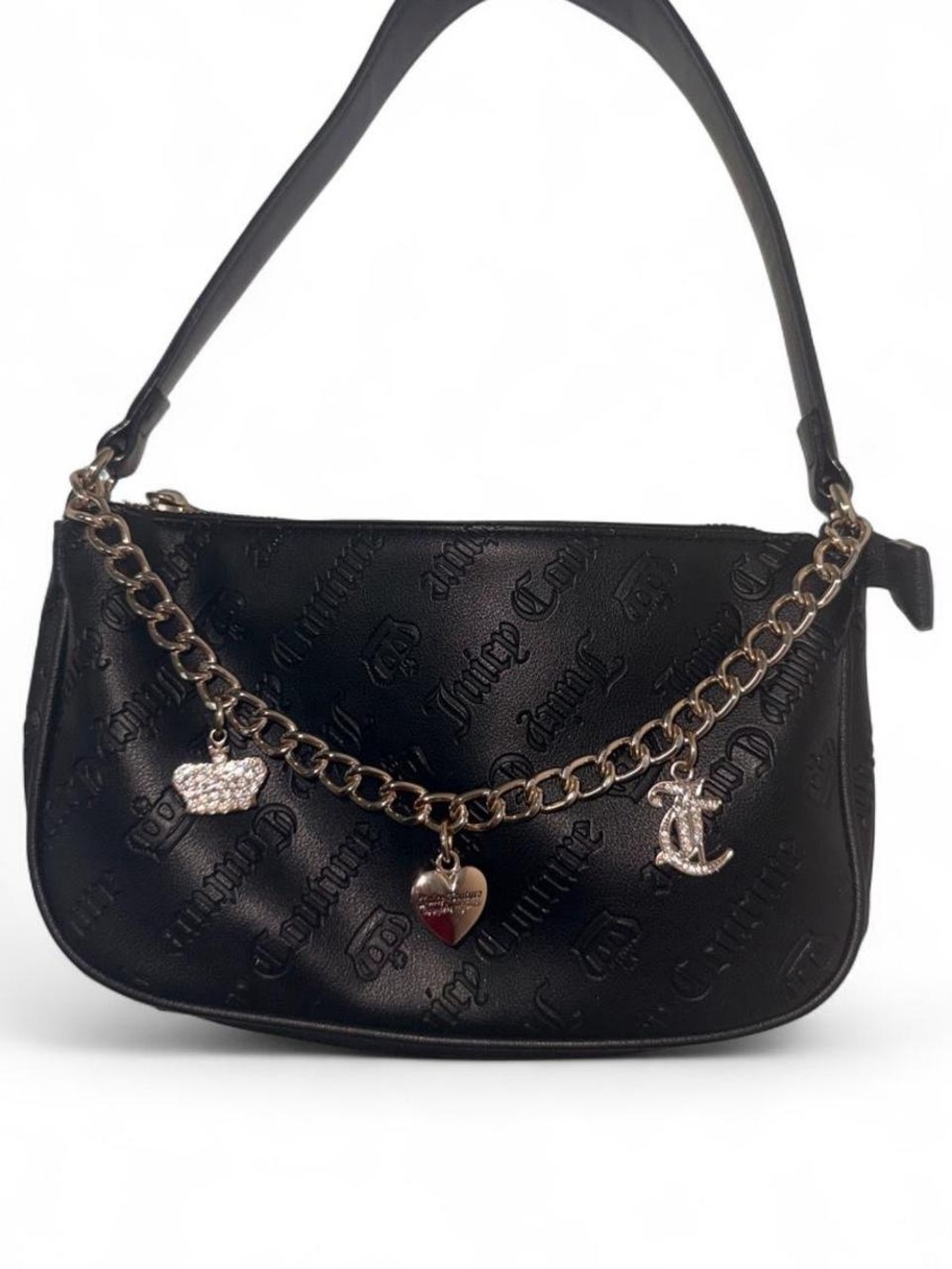 Juicy Couture Black Embossed Logo Shoulder Bag with Gold Chain